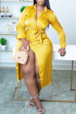 Yellow Casual Solid Bandage Patchwork Turndown Collar Long Sleeve Dresses
