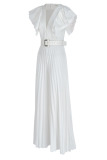 White Casual Elegant Solid Patchwork Fold V Neck Straight Jumpsuits