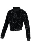 Blue Sexy Solid Sequins Patchwork Zipper Collar Outerwear (Only Outerwear)