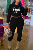 Pink Casual Letter Print Patchwork O Neck Long Sleeve Two Pieces