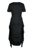 Black Fashion Solid Flounce Fold O Neck Pencil Skirt Dresses