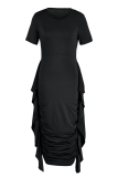 Black Fashion Solid Flounce Fold O Neck Pencil Skirt Dresses