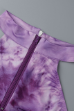 Purple Sexy Patchwork Tie-dye Zipper Collar Pencil Skirt Dresses