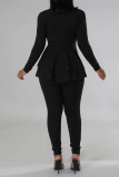 Black Casual Solid Patchwork Flounce Asymmetrical V Neck Long Sleeve Two Pieces