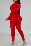Red Casual Solid Patchwork Flounce Asymmetrical V Neck Long Sleeve Two Pieces