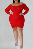 Green Casual Solid Patchwork Off the Shoulder Long Sleeve Plus Size Dresses
