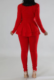 Red Casual Solid Patchwork Flounce Asymmetrical V Neck Long Sleeve Two Pieces