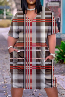 Brown Casual Print Patchwork V Neck Short Sleeve Dress