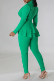 Green Casual Solid Patchwork Flounce Asymmetrical V Neck Long Sleeve Two Pieces