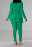 Green Casual Solid Patchwork Flounce Asymmetrical V Neck Long Sleeve Two Pieces