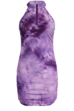 Purple Sexy Patchwork Tie-dye Zipper Collar Pencil Skirt Dresses