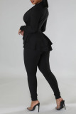 Black Casual Solid Patchwork Flounce Asymmetrical V Neck Long Sleeve Two Pieces