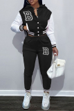 Black Casual Letter Embroidery Patchwork Hooded Collar Long Sleeve Two Pieces