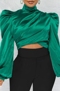 Green Casual Solid Patchwork Turtleneck Tops