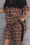 Black White Casual Print Patchwork O Neck Plus Size Two Pieces