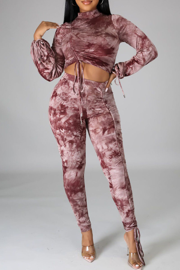 Brick Red Sexy Print Patchwork Draw String Half A Turtleneck Long Sleeve Two Pieces