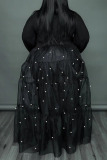 Black Casual Solid Patchwork Buckle Pearl Turndown Collar Shirt Dress Plus Size Dresses