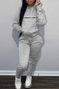 Grey Casual Print Letter Hooded Collar Long Sleeve Two Pieces