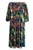 Army Green Fashion Casual Print Bandage Patchwork Slit Off the Shoulder Long Sleeve Plus Size Dresses