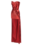 Red Fashion Sexy Patchwork Hot Drilling Backless Fold Strapless Sleeveless Dress