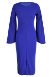 Blue Fashion Casual Solid Patchwork Slit O Neck Long Sleeve Dresses
