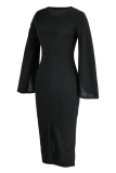Black Fashion Casual Solid Patchwork Slit O Neck Long Sleeve Dresses