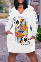 White Casual Print Patchwork V Neck Long Sleeve Dresses