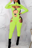 Green Sexy Solid Hollowed Out Patchwork Zipper Collar Skinny Jumpsuits