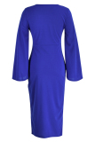 Blue Fashion Casual Solid Patchwork Slit O Neck Long Sleeve Dresses