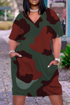 Army Green Casual Print Patchwork V Neck Short Sleeve Dress