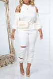 White Casual Solid Ripped Hollowed Out Patchwork Hooded Collar Long Sleeve Two Pieces