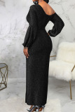 Black Sexy Solid Patchwork Slit Oblique Collar Dresses