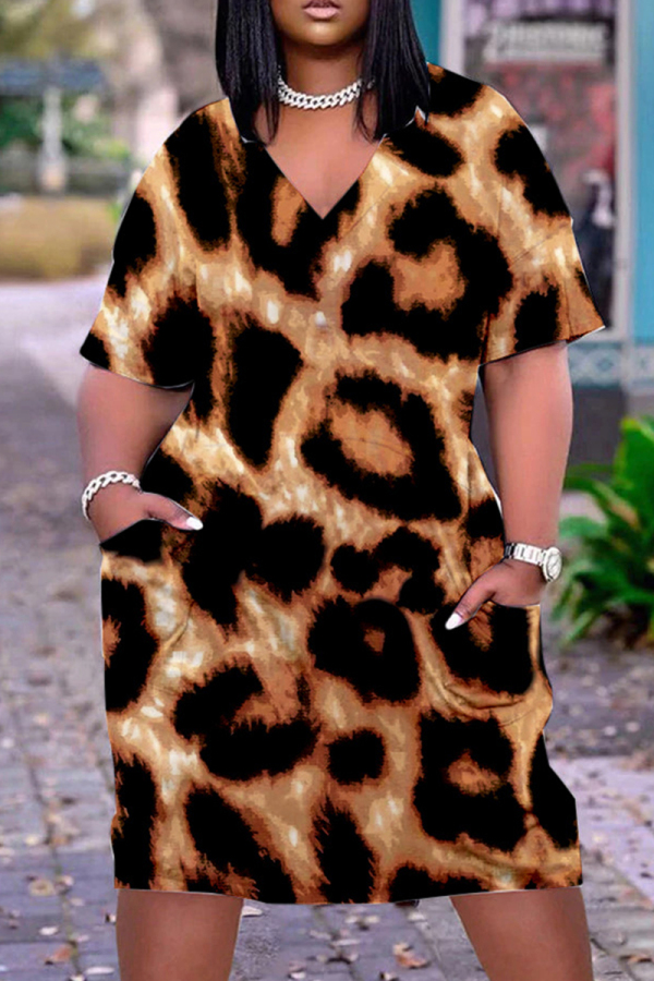 Leopard Print Casual Print Patchwork V Neck Short Sleeve Dress