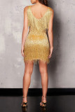 Gold Sexy Patchwork Tassel Sleeveless Dress Dresses
