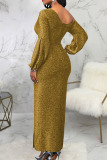 Gold Sexy Solid Patchwork Slit Oblique Collar Dresses