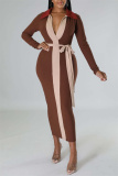 Brownness Sexy Casual Solid Patchwork Contrast V Neck Long Sleeve Dresses