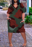 Army Green Casual Print Patchwork V Neck Short Sleeve Dress
