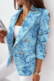 Blue White Fashion Casual Print Patchwork Slit Turn-back Collar Outerwear