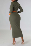 Army Green Sexy Casual Solid Patchwork Contrast V Neck Long Sleeve Dresses