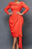 Tangerine Red Elegant Solid Patchwork Fold Asymmetrical Asymmetrical Collar Dresses
