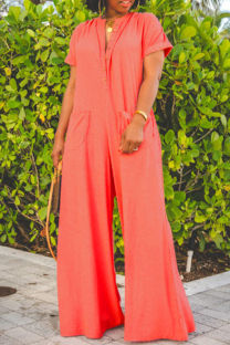 Pink Fashion Casual Solid Patchwork V Neck Regular Jumpsuits