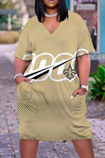 Light Khaki Casual Print Patchwork V Neck Straight Dresses