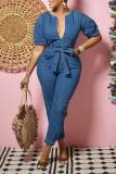 The cowboy blue Casual Solid Patchwork With Belt Zipper Collar Jumpsuits