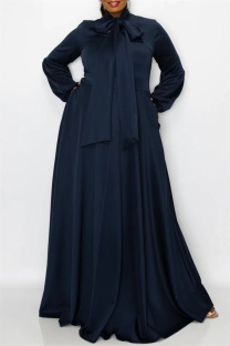 Tibetan Blue Casual Solid With Bow O Neck Long Sleeve Plus Size Dresses