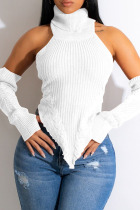 White Sexy Solid Patchwork Asymmetrical Turtleneck Tops(With Sleeves)