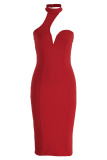 Red Fashion Sexy Solid Backless Slit Halter Sleeveless Dress