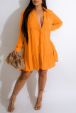 Orange Casual Solid Patchwork Buckle Fold Turndown Collar Shirt Dress Dresses