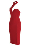 Red Fashion Sexy Solid Backless Slit Halter Sleeveless Dress