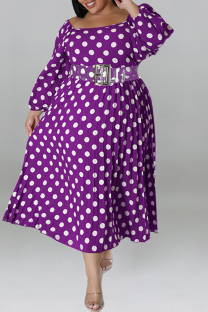 Purple Casual Dot Print Patchwork Backless O Neck Long Sleeve Plus Size Dresses (Without Belt)