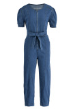 The cowboy blue Casual Solid Patchwork With Belt Zipper Collar Jumpsuits